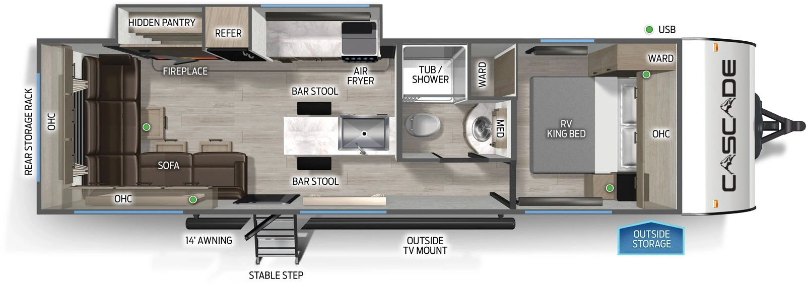 The Cascade 27LHC floorplan has one entry and one slide out. Exterior features include: fiberglass exterior and 14' awning. Interiors features include: front bedroom and rear living.